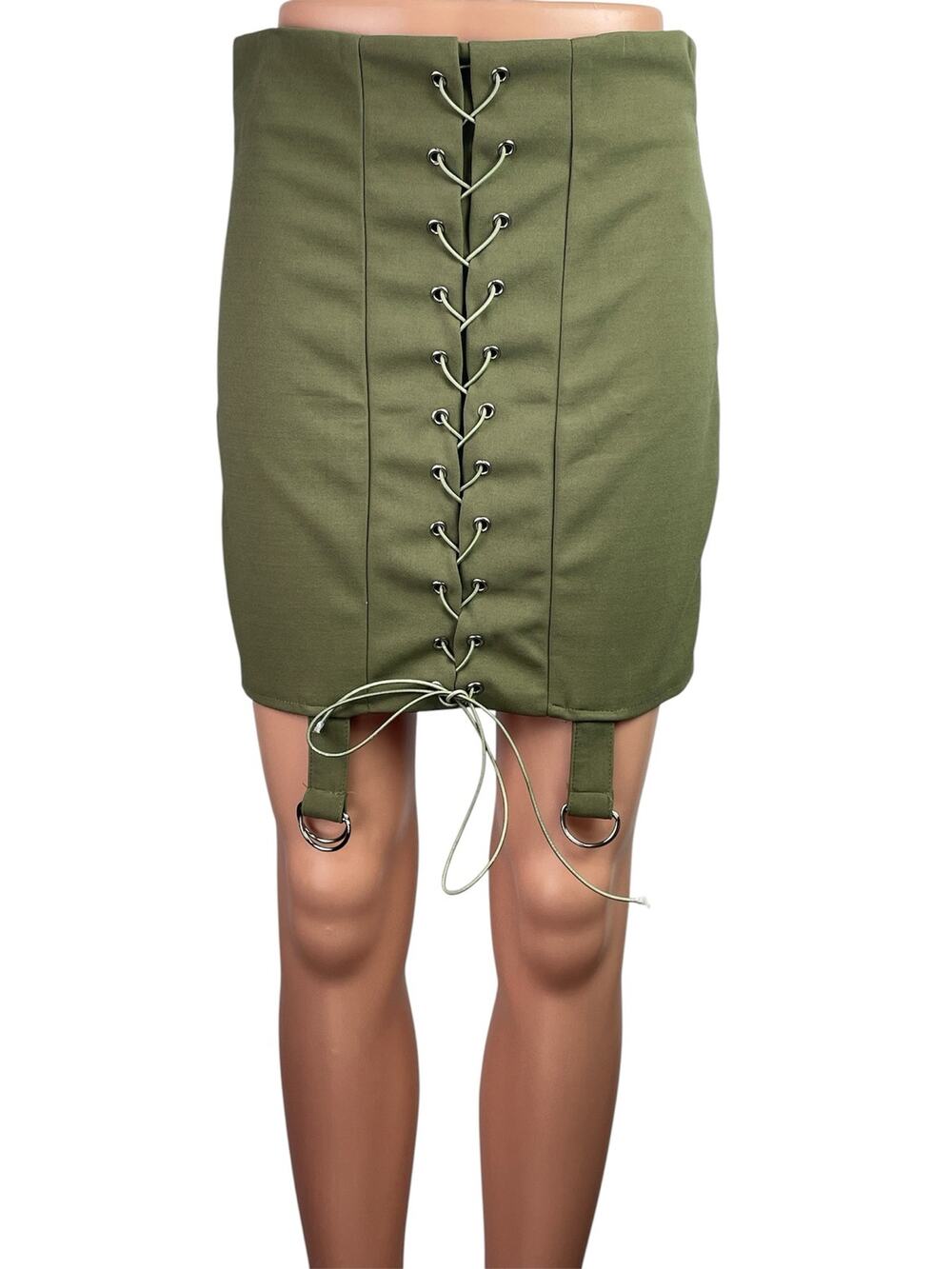 Missguided Women's Green Lace Up Strap Back Zip Mini Straight Pencil Skirt Sz 8